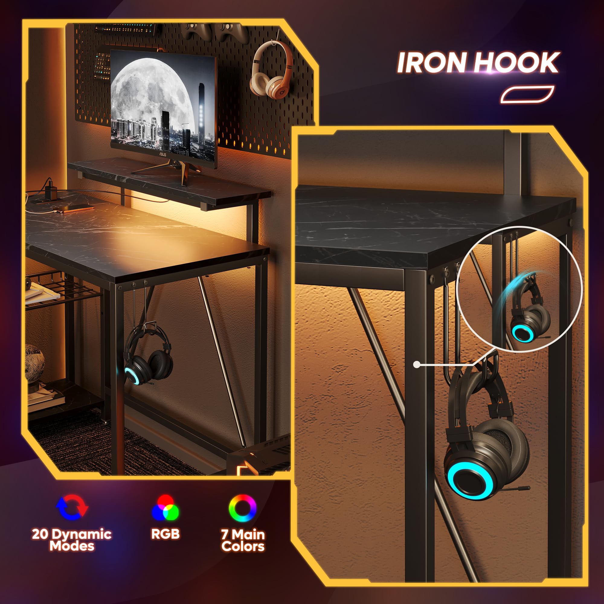 RSPGAME 42" Reversible L-Shaped Gaming Desk with Power Outlets, LED Lights, Monitor Stand & Headset Hooks for Small Spaces, Bedrooms & Home Offices, Black Marble