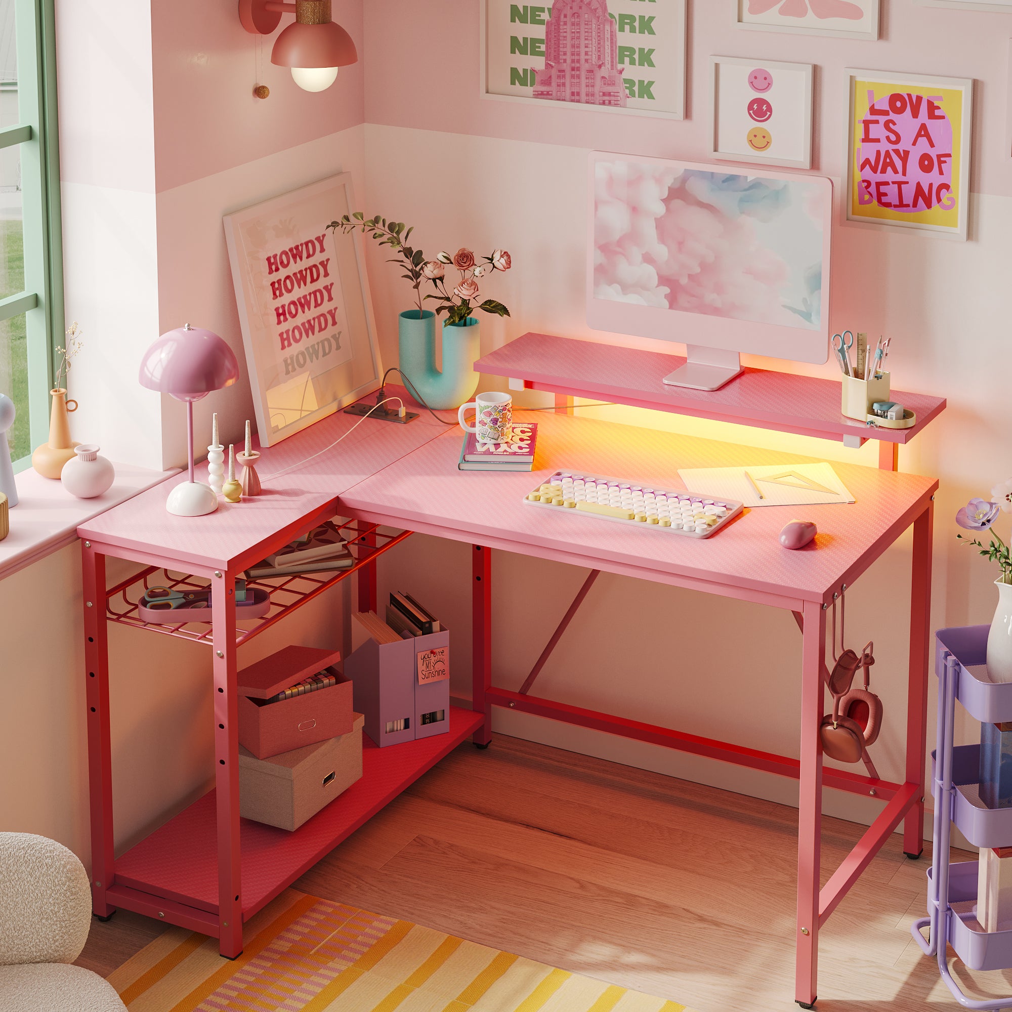 RSPGAME 42" L Shaped Computer Desk with Power Outlets, Corner Office Desk with LED Lights & Monitor Stand, Reversible Shelves, Corner Desk for Small Spaces ,Bedrooms & Home, Carbon Fiber Pink
