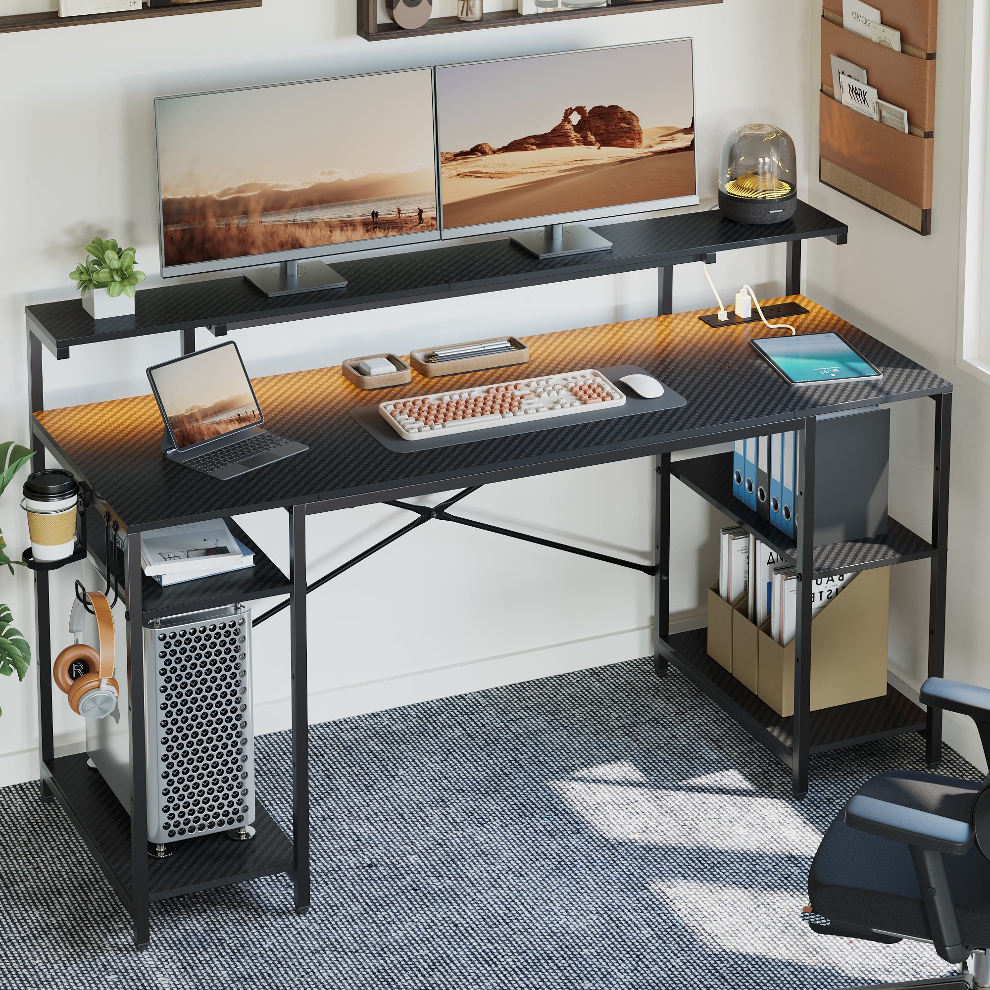 "Bestier 55"" Gaming Desk with Power Outlets, LED Light & Monitor Stand, Multiple Setup Desktop, Black Carbon Fiber"