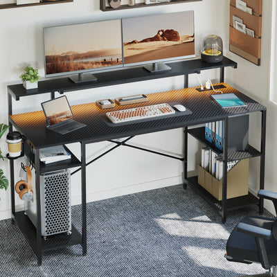 "Bestier 55"" Gaming Desk with Power Outlets, LED Light & Monitor Stand, Multiple Setup Desktop, Black Carbon Fiber"