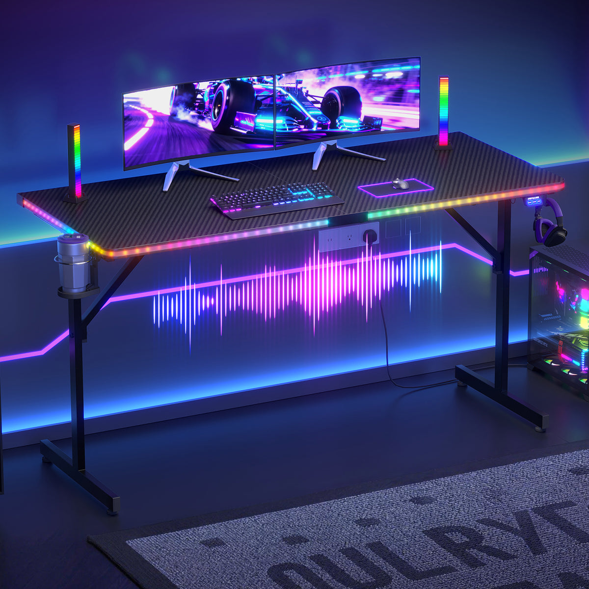 RSPGAME Music-Sync LED Lights Gaming Desk with 7 Colors & 7 Modes 55 inch Stable T-Shaped Legs Computer Table Carbon Fiber