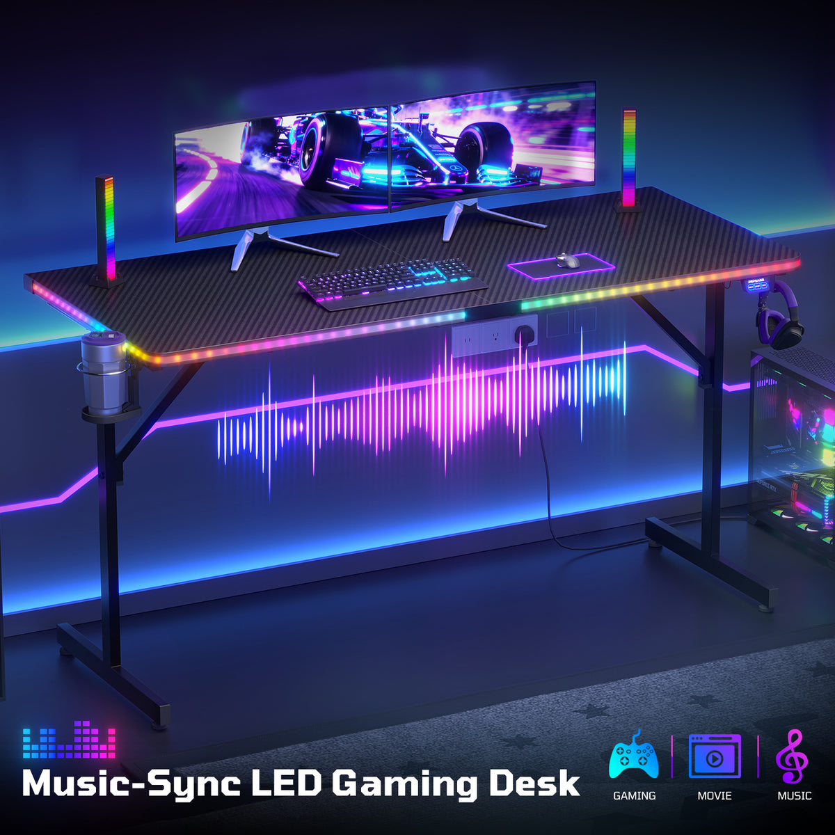 RSPGAME Music-Sync LED Lights Gaming Desk with 7 Colors & 7 Modes 55 inch Stable T-Shaped Legs Computer Table Carbon Fiber