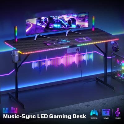 RSPGAME Music-Sync LED Lights Gaming Desk with 7 Colors & 7 Modes 55 inch Stable T-Shaped Legs Computer Table Carbon Fiber
