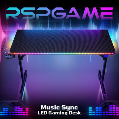 RSPGAME 43.5" Music Sync Gaming Desk, Ergonomic Gamer Table, ,T-Shape PC Computer Desk with RGB Lighting, Carbon Fiber Black