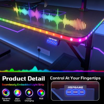 RSPGAME 43.5" Music Sync Gaming Desk, Ergonomic Gamer Table, ,T-Shape PC Computer Desk with RGB Lighting, Carbon Fiber Black