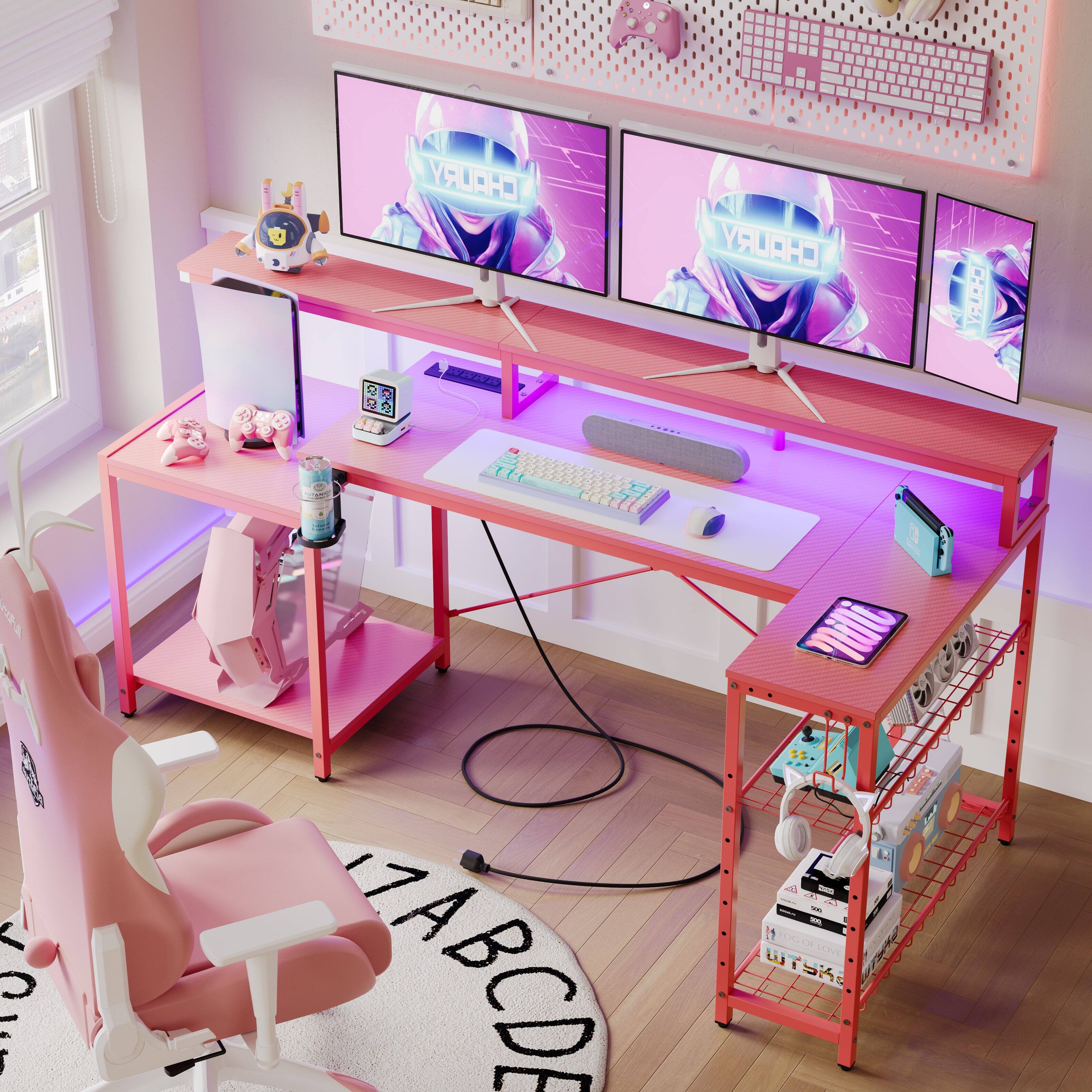 Bestier 55" Pink Gaming Desk with Outlets & LED Light Computer Desk with Monitor Stand, Pink Carbon Fiber - image 2