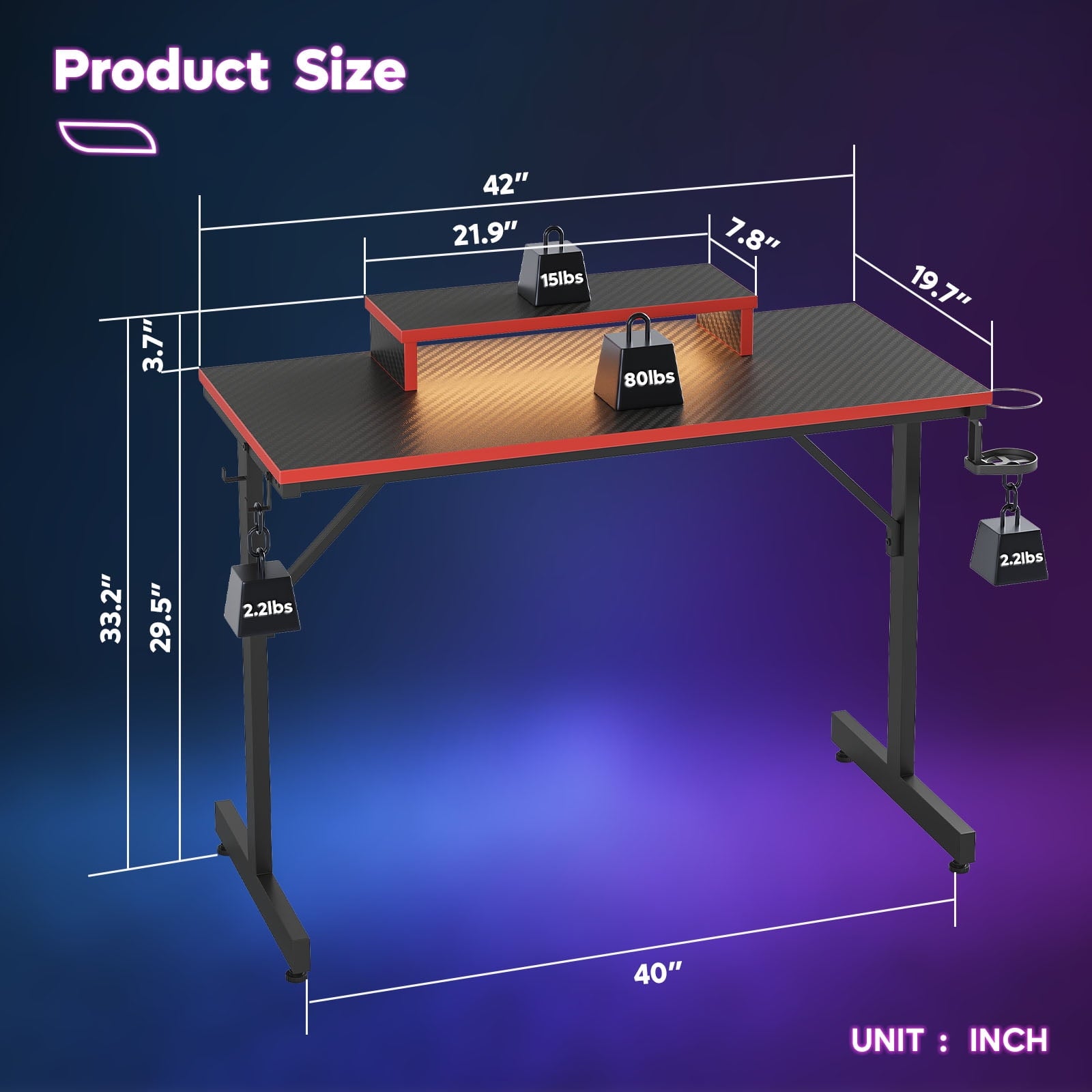 Bestier 42-inch Gaming Desk with LED Lights Monitor Stand and Accessories in Red