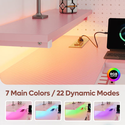 RSPGAME 42" L Shaped Computer Desk with Power Outlets, Corner Office Desk with LED Lights & Monitor Stand, Reversible Shelves, Corner Desk for Small Spaces ,Bedrooms & Home, Carbon Fiber Pink