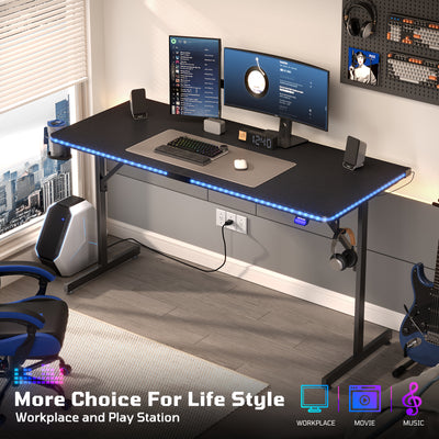 RSPGAME Music-Sync LED Lights Gaming Desk with 7 Colors & 7 Modes 55 inch Stable T-Shaped Legs Computer Table Carbon Fiber