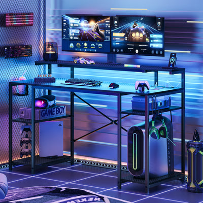 "Bestier 55"" Gaming Desk with Power Outlets, LED Light & Monitor Stand, Multiple Setup Desktop, Black Carbon Fiber"