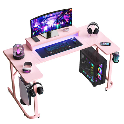 Bestier 55" Pink Gaming Computer Desk with LED Light & Monitor Stand Corner Desk for Home Office, Pink Carbon Fiber - image 2