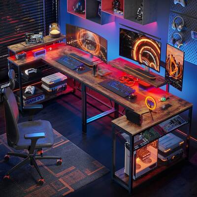 Bestier 42" Reversible L-Shaped Gaming Desk: Equipped with Power Outlets, LED Lights, Adjustable Shelves & Hooks for Small…