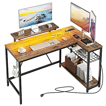 Bestier 48" L Shaped Desk with LED Lights & Power Outlets, Corner Computer Desk with Monitor Stand for Home Office, Rustic -…