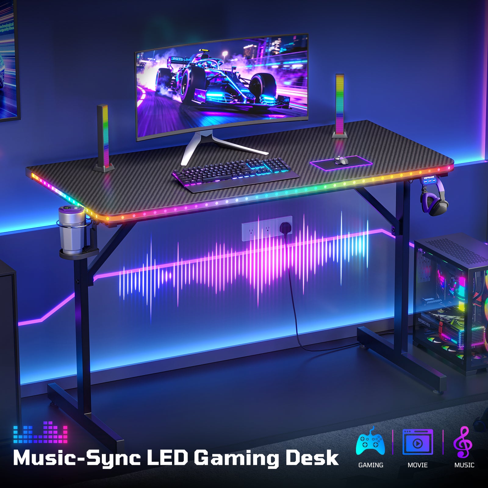RSPGAME 43.5" Music Sync Gaming Desk, Ergonomic Gamer Table, ,T-Shape PC Computer Desk with RGB Lighting, Carbon Fiber Black