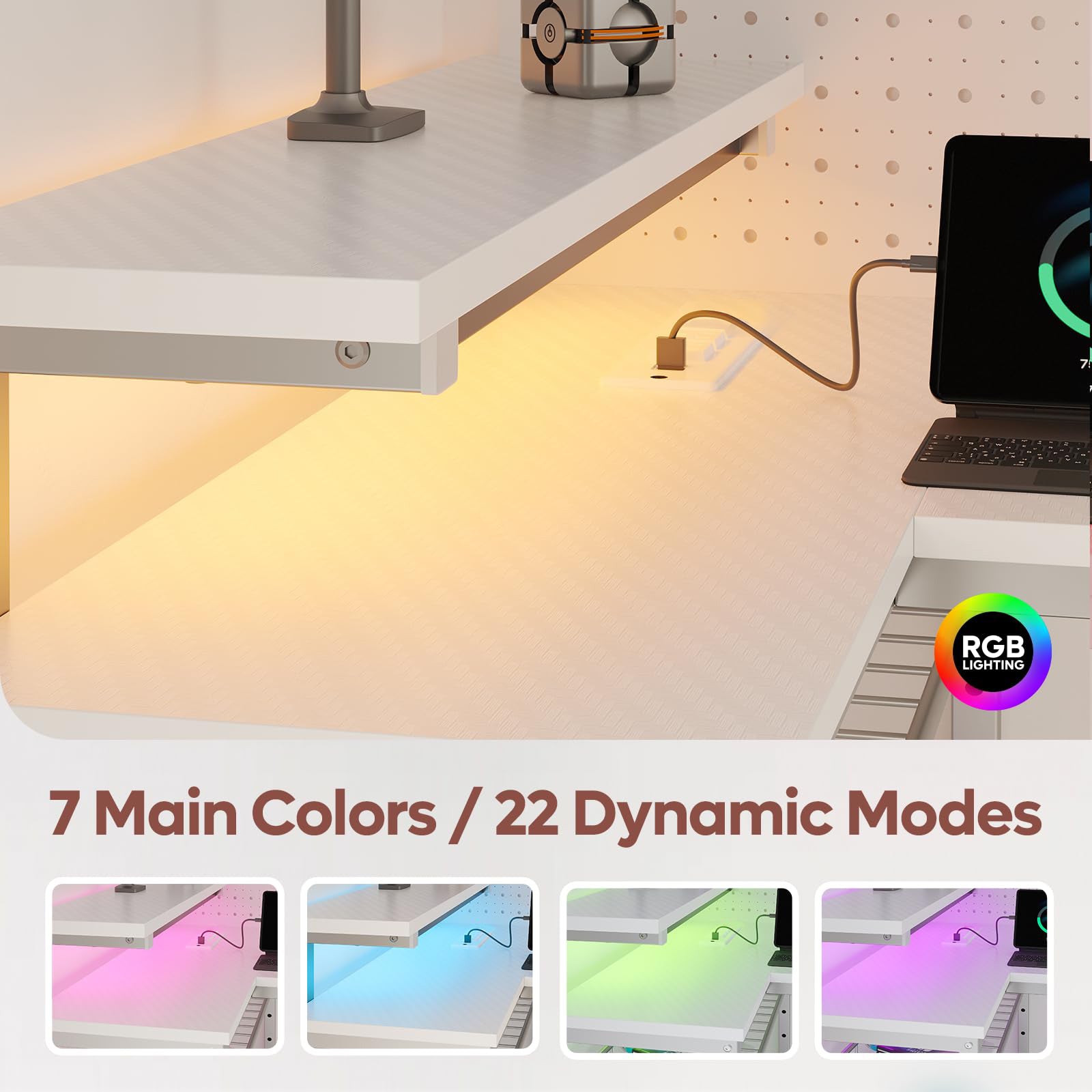 RSPGAME 42" L Shaped Computer Desk with Power Outlets, Home Office Desk with LED Lights & Monitor Stand, Reversible Shelves, Corner Desk for Small Spaces ,Bedrooms, Carbon Fiber White