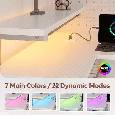 RSPGAME 42" L Shaped Computer Desk with Power Outlets, Home Office Desk with LED Lights & Monitor Stand, Reversible Shelves, Corner Desk for Small Spaces ,Bedrooms, Carbon Fiber White