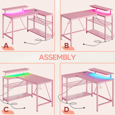 RSPGAME 42" L Shaped Computer Desk with Power Outlets, Corner Office Desk with LED Lights & Monitor Stand, Reversible Shelves, Corner Desk for Small Spaces ,Bedrooms & Home, Carbon Fiber Pink