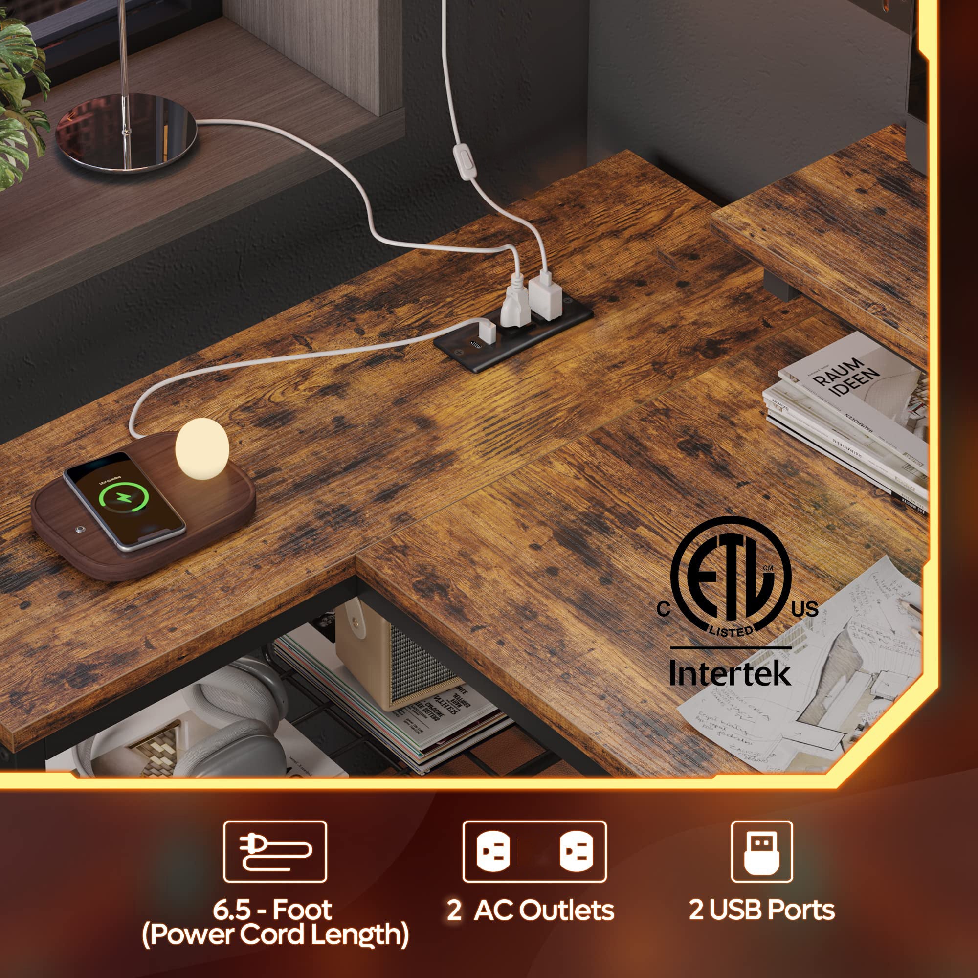 RSPGAME 42" L Shaped Computer Desk with Power Outlets, Home Office Desk with LED Lights & Monitor Stand, Reversible Shelves, Corner Desk for Small Spaces, Bedrooms, Rustic