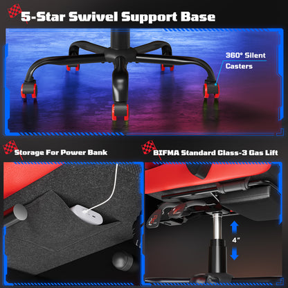 RSPGame Message Ergonomic Gaming Chairs for Adults,Pocket Spring Cushion,PU Leather Office Chairs with Lumbar Support and Retractable Footrest,Home and Office Computer Chairs-Red Racing