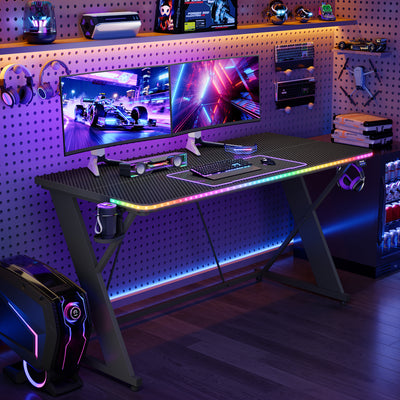 RSPGAME 55" Music Sync Gaming Desk with LED Lights, Gamer Table with Cup Holder & Headphone Hook, X-Shape Home Office PC Computer Desk, Carbon Fiber Black