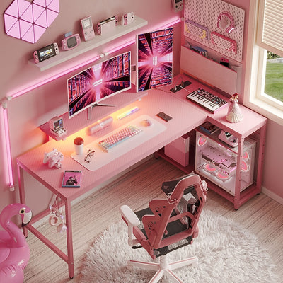 Bestier 52 inch Corner Gamer Desk with LED Lights & Shelves, Pink - image 2