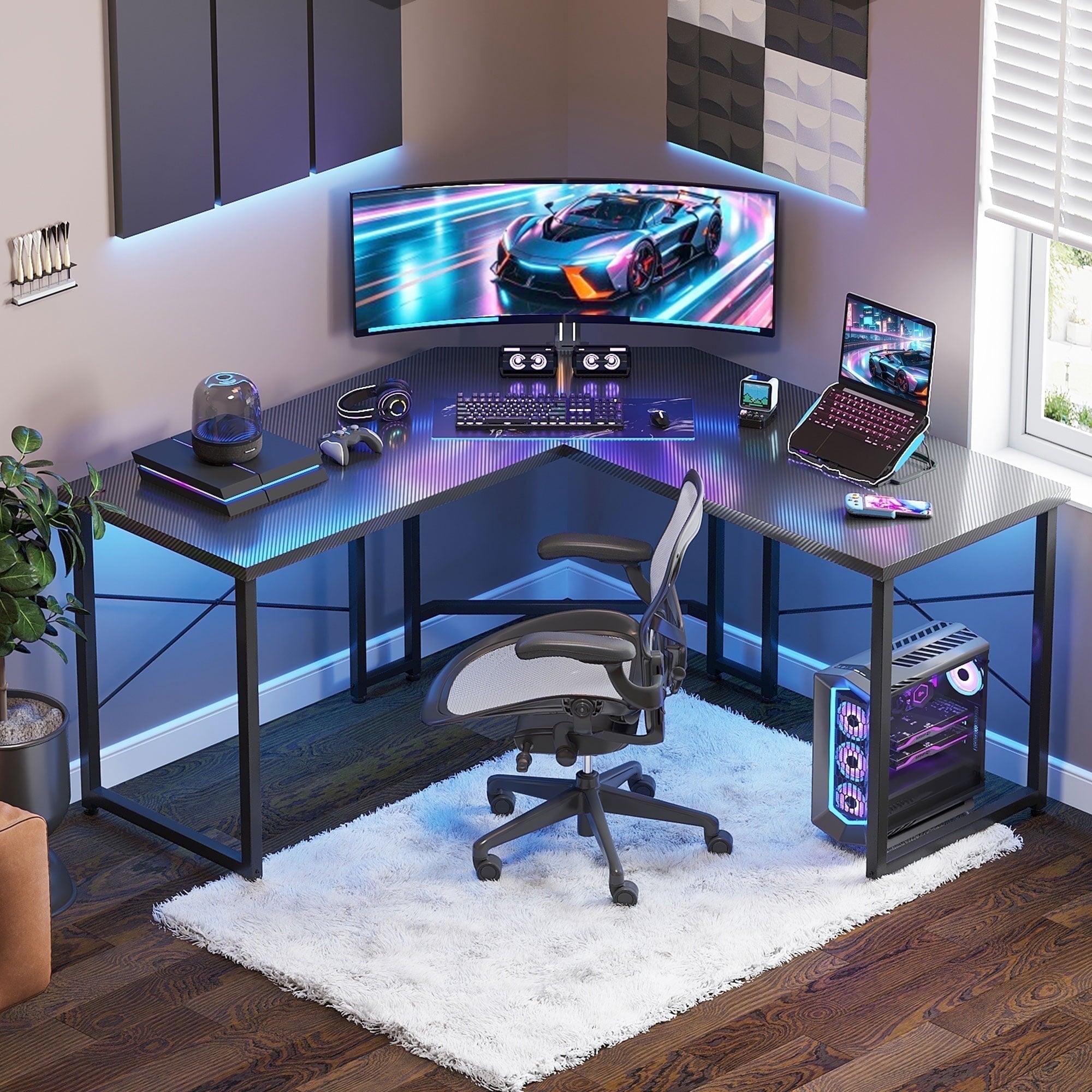 RSPGAME 41 inch Small L-Shaped Gaming Desk Home Office PC Table with LED Lights, Carbon Fiber Black