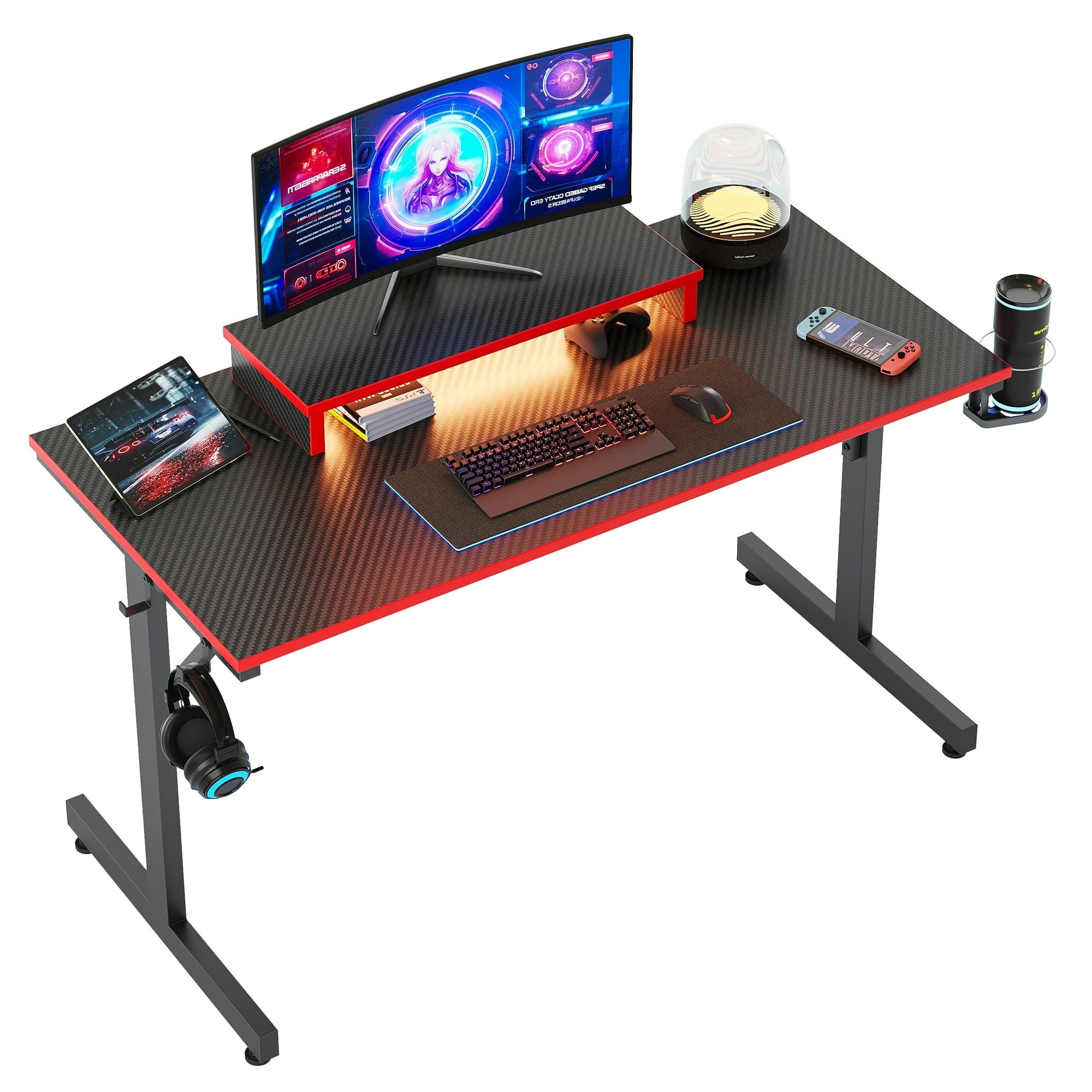 RSPGAME LED Gaming Desk with Monitor Stand, 47 inch Reversible Computer Desk for Home Office, Black & Red - image 2