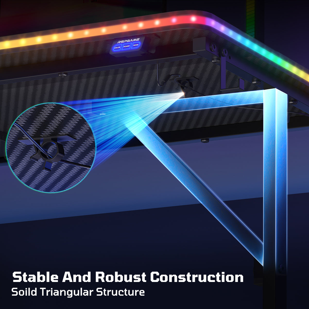 RSPGAME Music-Sync LED Lights Gaming Desk with 7 Colors & 7 Modes 55 inch Stable T-Shaped Legs Computer Table Carbon Fiber
