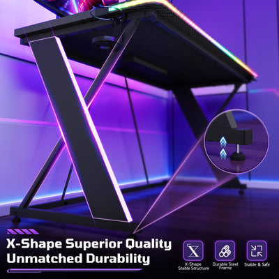 RSPGAME 43" Music Sync Gaming Desk with LED Lights, Gamer Table with Cup Holder & Headphone Hook, X-Shape Home Office PC Computer Desk, Carbon Fiber Black