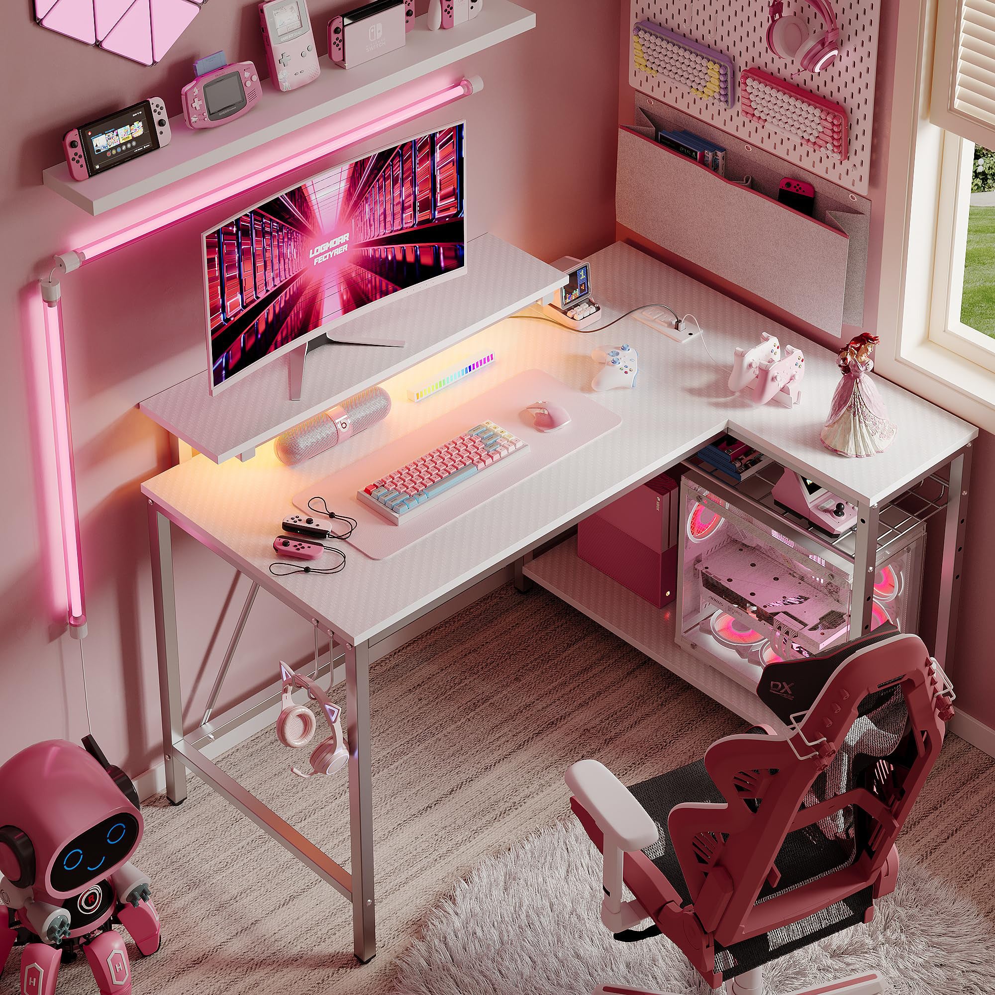 RSPGAME 42" L Shaped Computer Desk with Power Outlets, Home Office Desk with LED Lights & Monitor Stand, Reversible Shelves, Corner Desk for Small Spaces ,Bedrooms, Carbon Fiber White
