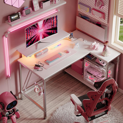RSPGAME 42" L Shaped Computer Desk with Power Outlets, Home Office Desk with LED Lights & Monitor Stand, Reversible Shelves, Corner Desk for Small Spaces ,Bedrooms, Carbon Fiber White