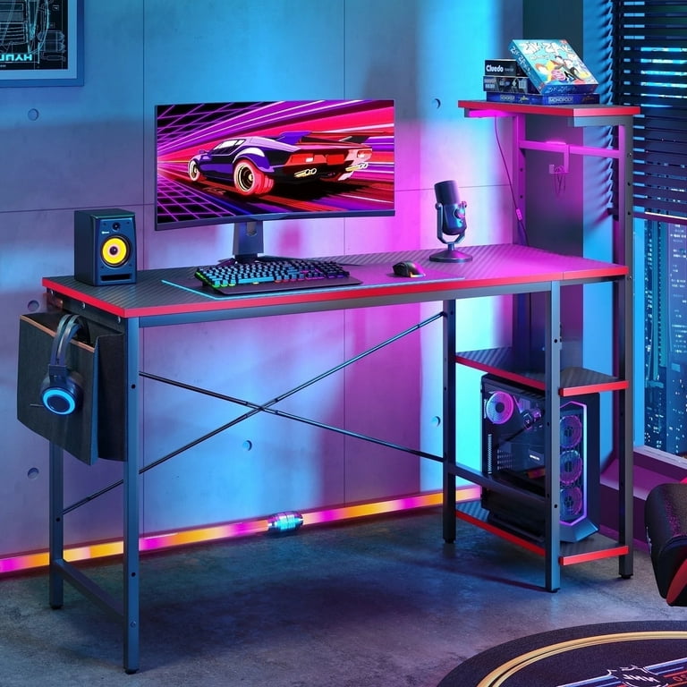 Bestier 52 inch Gaming Desk, LED Lights, Shelves, Carbon Fiber, Reversible
