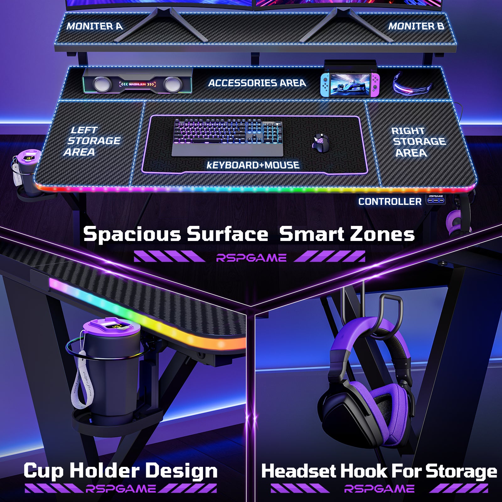 RSPGAME 43" Music Sync LED Gaming Desk,X-Shape Ergonomic Monitor Stand Gamer Table,PC Desk with Cup Holder and PS4/PS5/XBox Controller/Headset Hanger,Black Racing