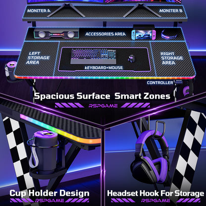 RSPGAME 43" Music Sync Light Gaming Desk PC Computer Black Office Gamer Table Desk with LED Lights & Monitor Stand, White Racing