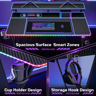 RSPGAME 43" Music Sync LED Gaming Desk,X-Shape Ergonomic Monitor Stand Gamer Table,PC Desk with Dynamic Lighting,Color Changing Office Desks,Black Racing