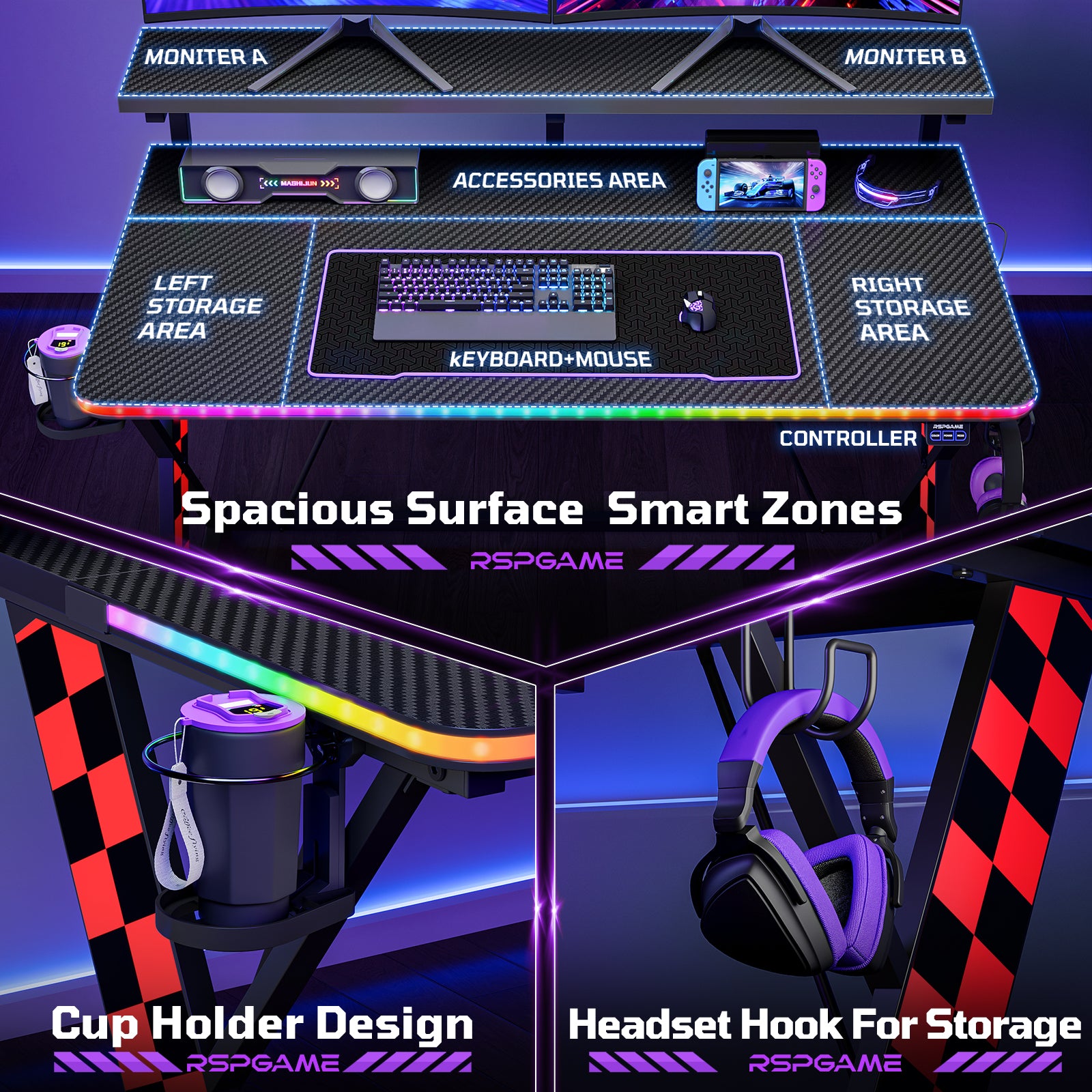 RSPGAME 43" Music Sync Light Gaming Desk PC Computer Black Office Gamer Table Desk with LED Lights & Monitor Stand, Red Racing