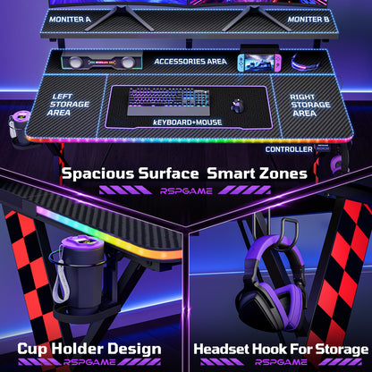 RSPGAME 43" Music Sync Light Gaming Desk PC Computer Black Office Gamer Table Desk with LED Lights & Monitor Stand, Red Racing