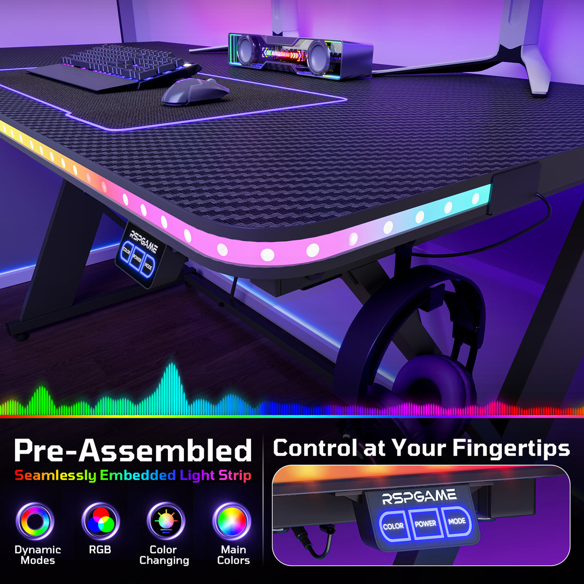 RSPGAME 43" Music Sync Gaming Desk with LED Lights, Gamer Table with Cup Holder & Headphone Hook, X-Shape Home Office PC Computer Desk, Carbon Fiber Black