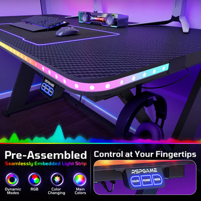 RSPGAME 55" Music Sync Gaming Desk with LED Lights, Gamer Table with Cup Holder & Headphone Hook, X-Shape Home Office PC Computer Desk, Carbon Fiber Black