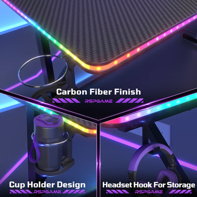 RSPGAME Music-Sync LED Lights Gaming Desk with 7 Colors & 7 Modes 55 inch Stable T-Shaped Legs Computer Table Carbon Fiber