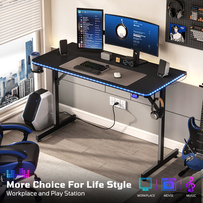 RSPGAME 43.5" Music Sync Gaming Desk, Ergonomic Gamer Table, ,T-Shape PC Computer Desk with RGB Lighting, Carbon Fiber Black