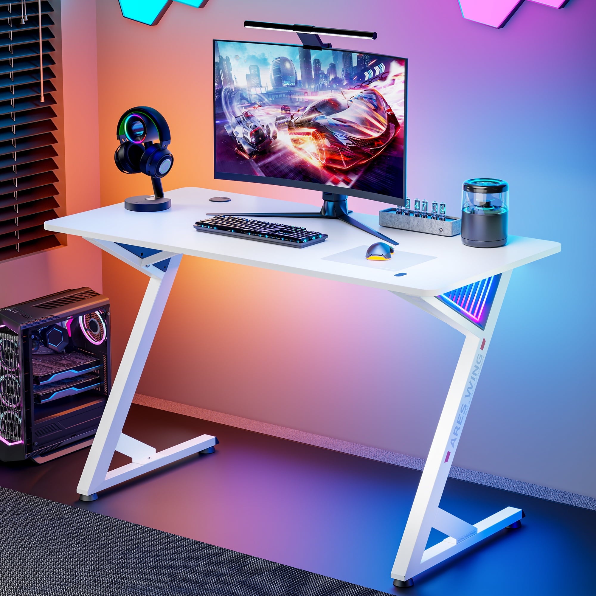 RSPGAME 43" Music Sync LED Gaming Desk,X-Shape Ergonomic Monitor Stand Gamer Table,PC Desk with Dynamic Lighting,Color…