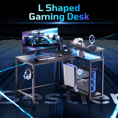 RSPGAME 42" Reversible L-Shaped Gaming Desk: Equipped with Power Outlets, LED Lights, Adjustable Shelves & Hooks for Small Spaces ,Bedrooms & Offices, Carbon Fiber Black
