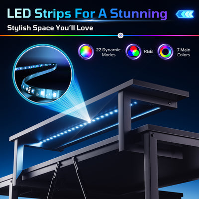 RSPGAME 42" Reversible L-Shaped Gaming Desk: Equipped with Power Outlets, LED Lights, Adjustable Shelves & Hooks for Small Spaces ,Bedrooms & Offices, Carbon Fiber Black