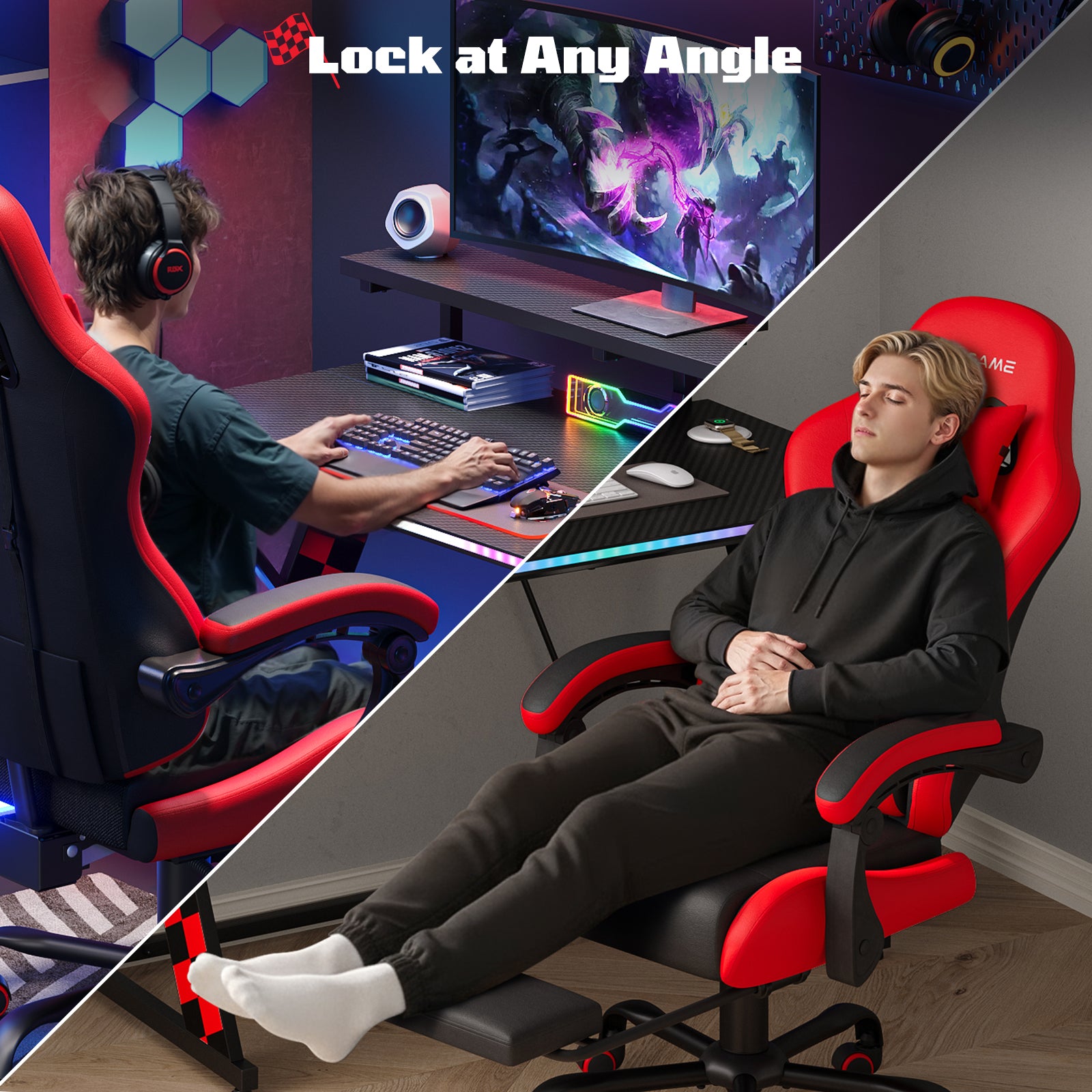 RSPGame Ergonomic Gaming Chairs for Adults,Pocket Spring Cushion,PU Leather Office Chairs with Lumbar Support and Retractable Footrest,Home and Office Computer Chairs-Red Racing