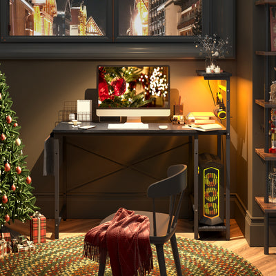RSPGAME LED Gamer Desk, Gray, with Outlets & USB Ports, Storage Shelves, Carbon Fiber