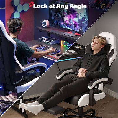 RSPGame Ergonomic Gaming Chairs for Adults,Pocket Spring Cushion,PU Leather Office Chairs with Lumbar Support and Retractable Footrest,Home and Office Computer Chairs-White Racing