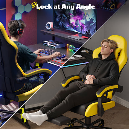 RSPGAME Ergonomic Gaming Chair For Adults,PU Leather Office Chairs with Lumbar Support and Retractable Footrest,Home and Office Computer Chairs-Yellow Racing