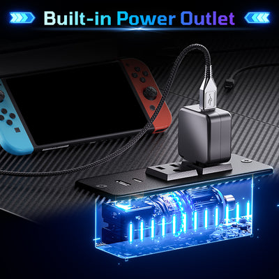RSPGAME 42" Reversible L-Shaped Gaming Desk: Equipped with Power Outlets, LED Lights, Adjustable Shelves & Hooks for Small Spaces ,Bedrooms & Offices, Carbon Fiber Black