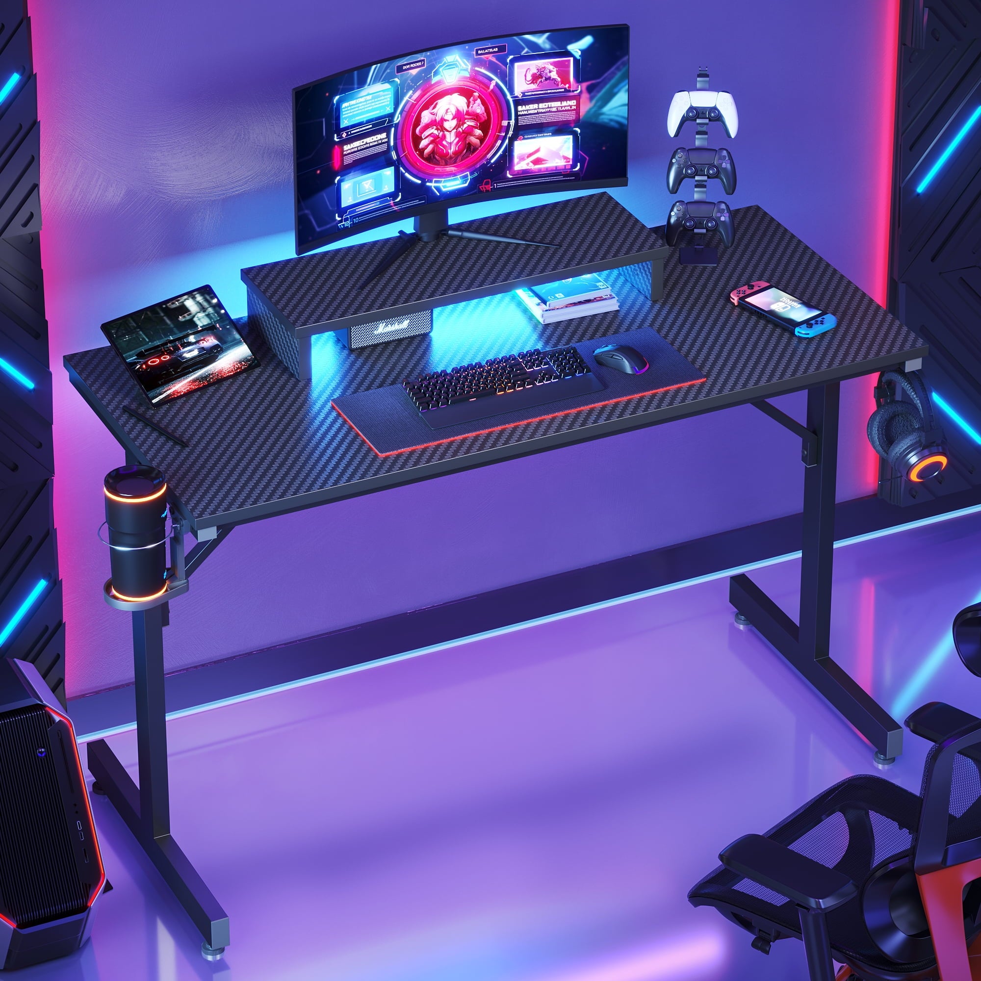 Bestier 42" PC Computer Gaming Desk with LED Lights & Monitor Stand & Headphone Hook & Cup Holder, Black